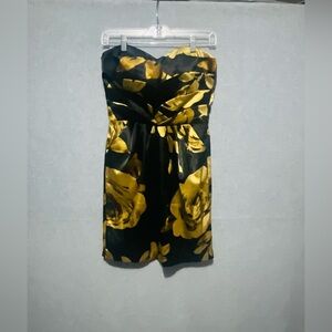 Snap Black Gold Floral Satin Strapless Dress Small Sweetheart Cocktail Party